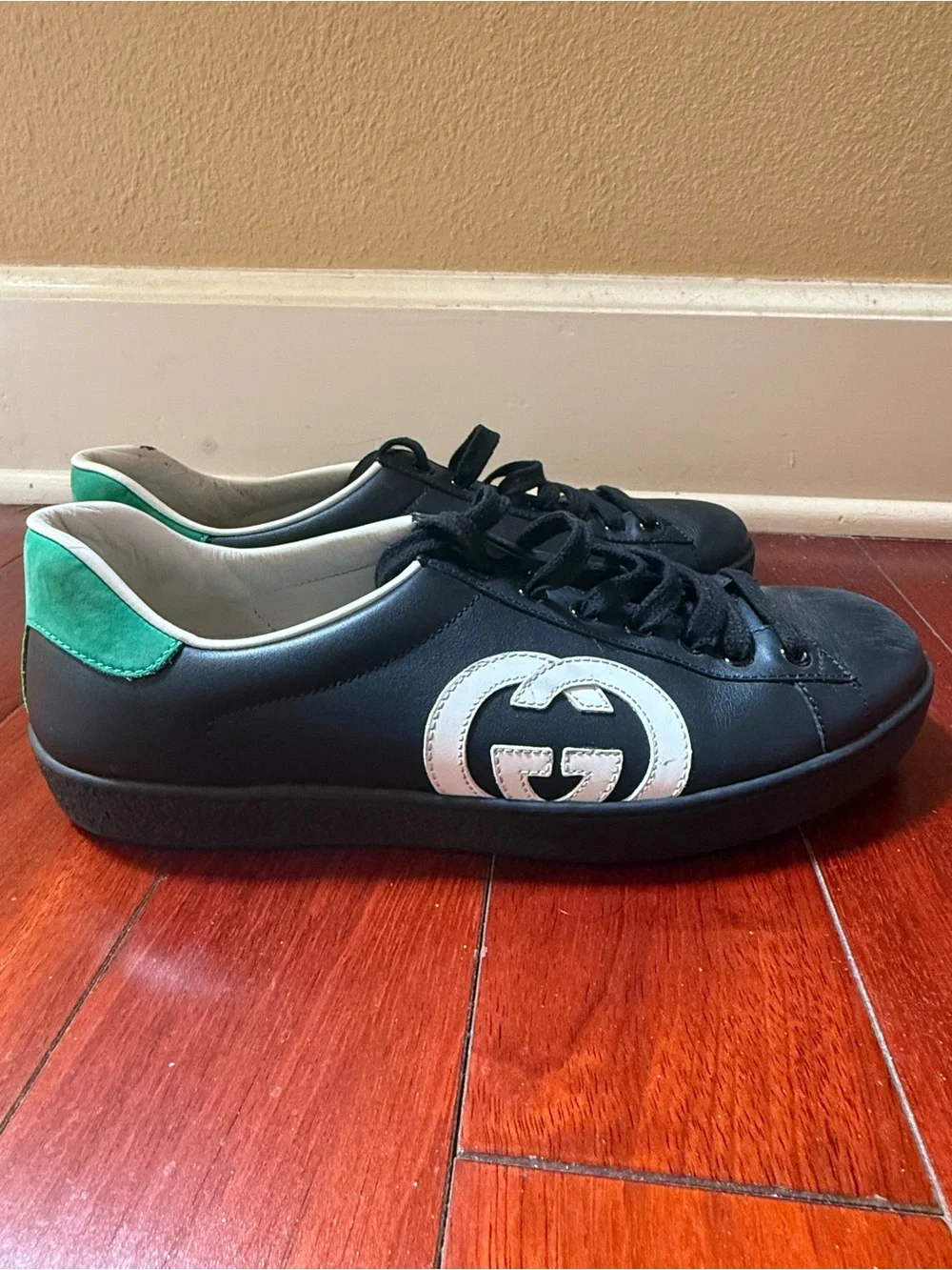 Gucci Black Leather Sneakers with White GG Logo and Green Heel